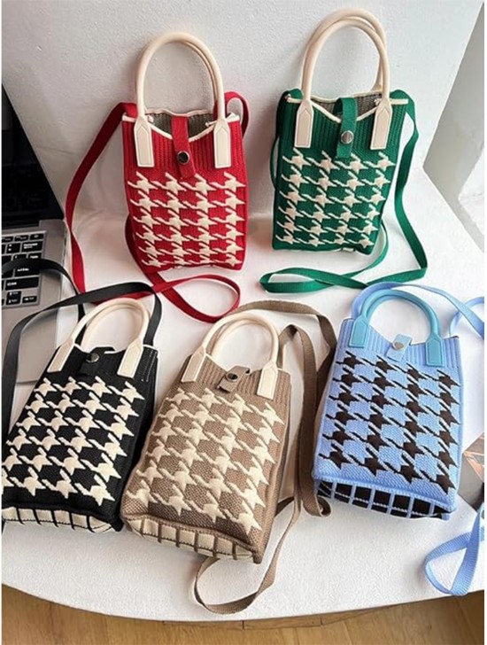 Large Capacity Super Soft Houndstooth Patterned Knitted Cellphone Bag W Strap (Heart Button Closure)